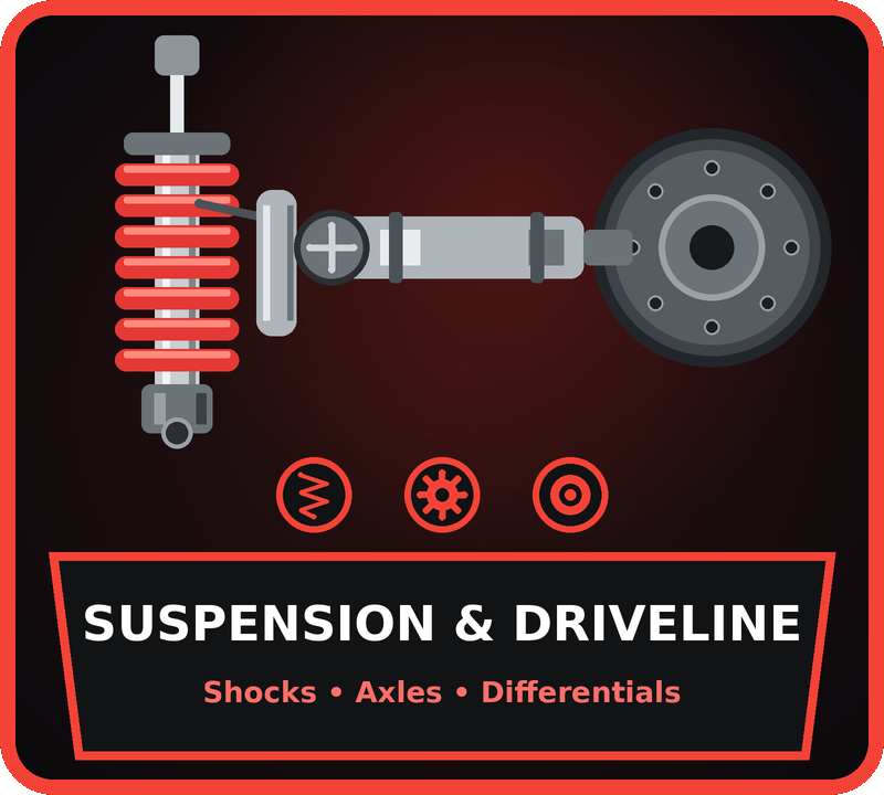 Suspension system components including a red coil spring and black control arms with metal joints displayed against a vibrant orange background. Text label reads Suspension at the bottom. Professional automotive parts showcase conveying precision engineering and vehicle performance enhancement.